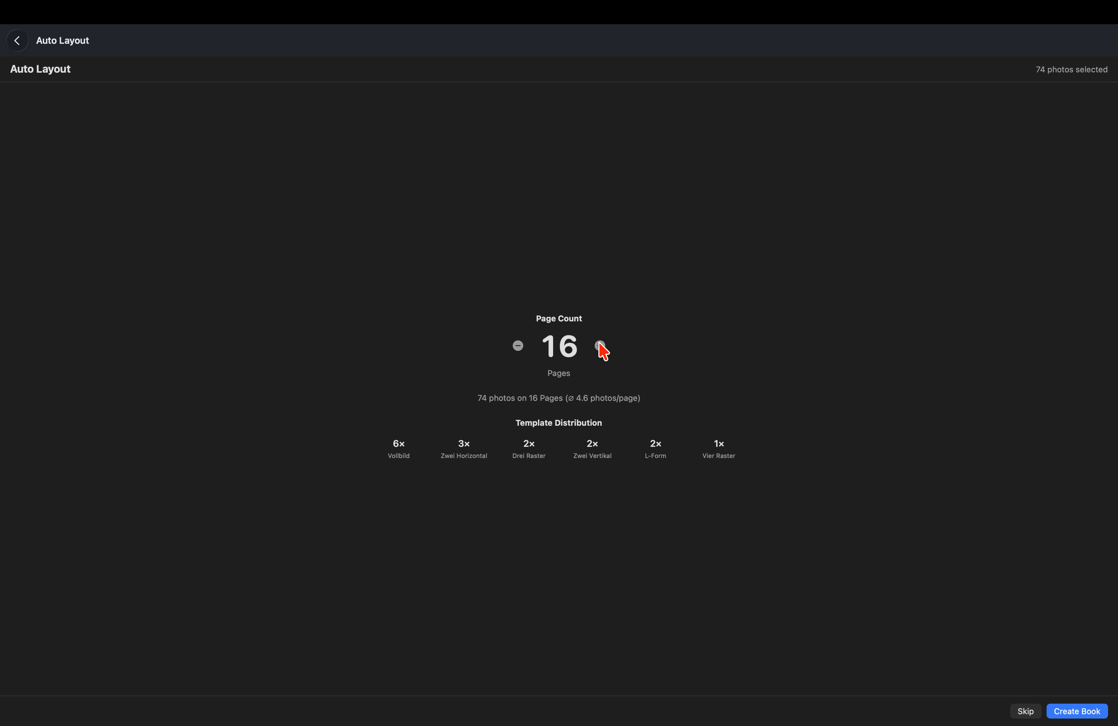 CozyPages Auto-Layout Funktion mit Seitenzahl-Auswahl und Template-Verteilung