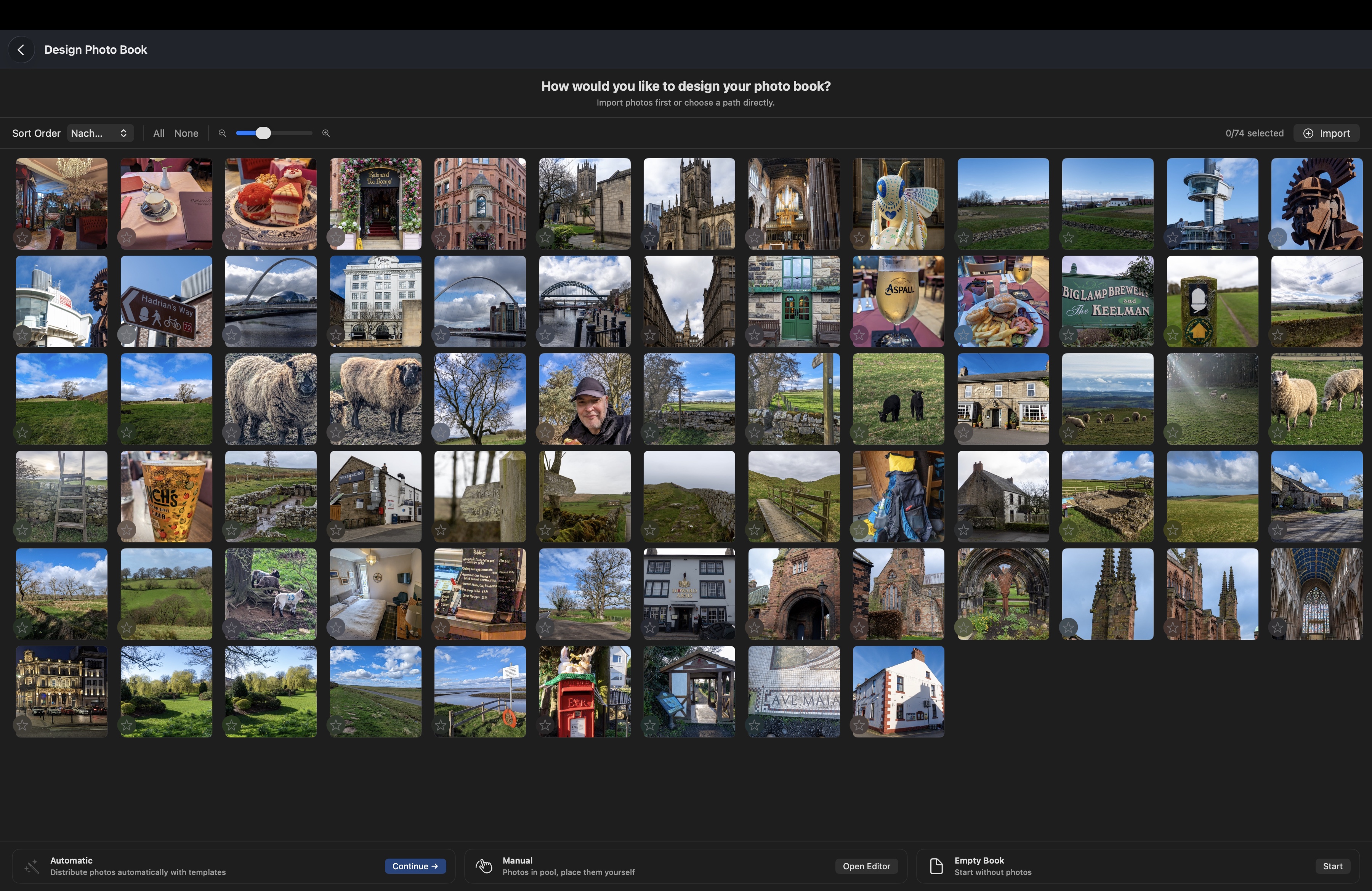 CozyPages Foto-Galerie mit Import-Funktion und drei Gestaltungsmodi: Automatisch, Manuell und Leeres Buch