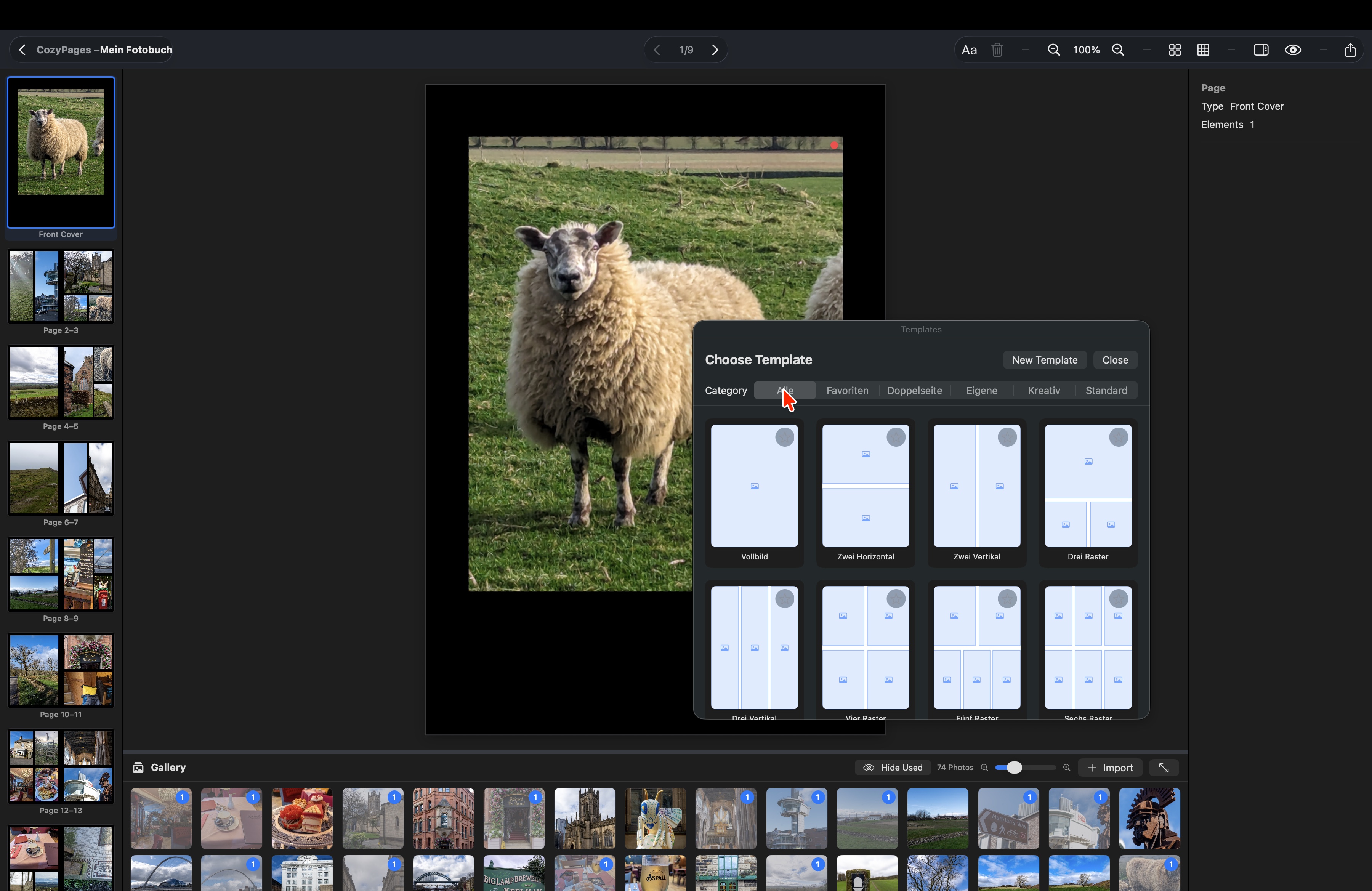 CozyPages Template-Auswahl mit verschiedenen Layouts: Vollbild, Zwei Horizontal, Zwei Vertikal, Drei Raster und mehr